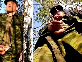 Russian soldier with a big dick on a military mission in the forest shoots sperm from his penis at opponents