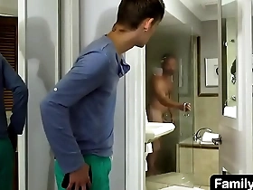 Young sexy stepson is in total awe of his beefy stepdad as he enters the house after his morning run